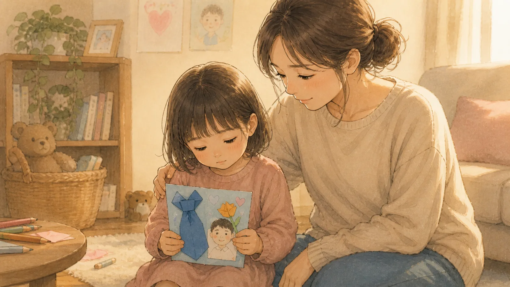 父の日に手作りのプレゼントを持つ子どもとお母さん