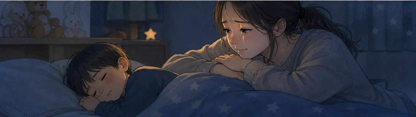 夜、子どもの寝顔をそっと見つめるお母さん
